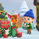 ACNH villagers gather around Christmas presents outside in the snow.